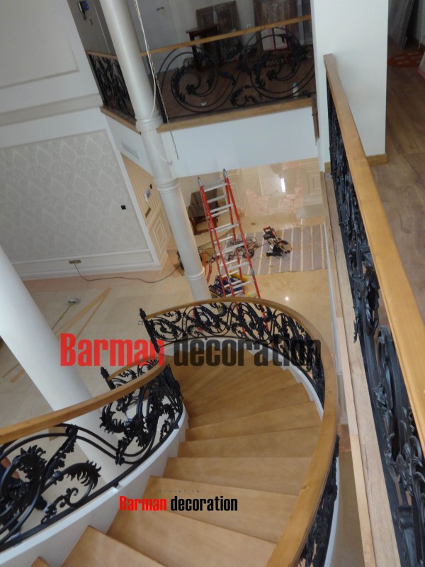 Luxury Wooden Spiral Staircase with Wrought Iron Railing